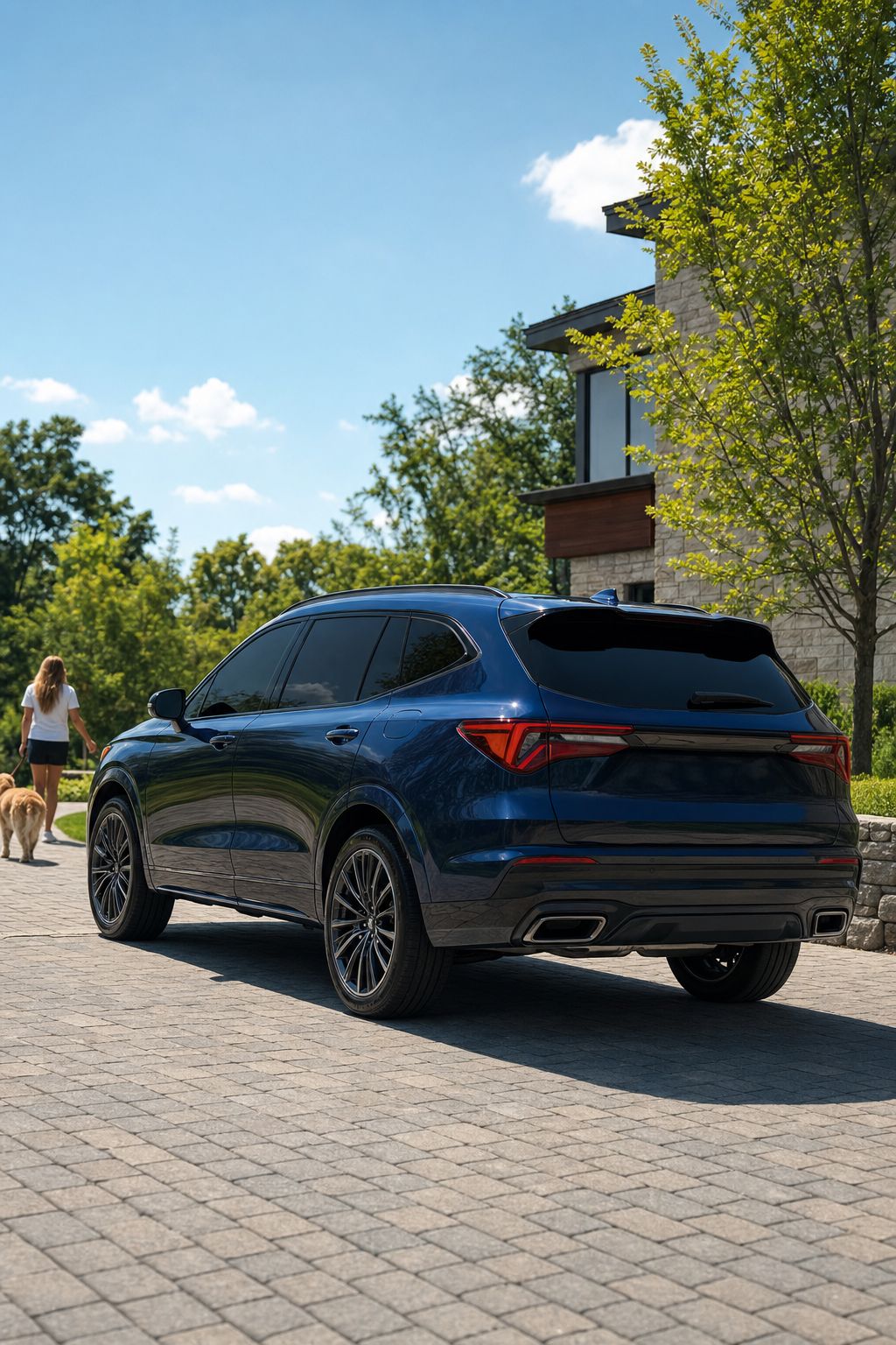 Premium blue SUV with dark automotive window film in bright daylight.