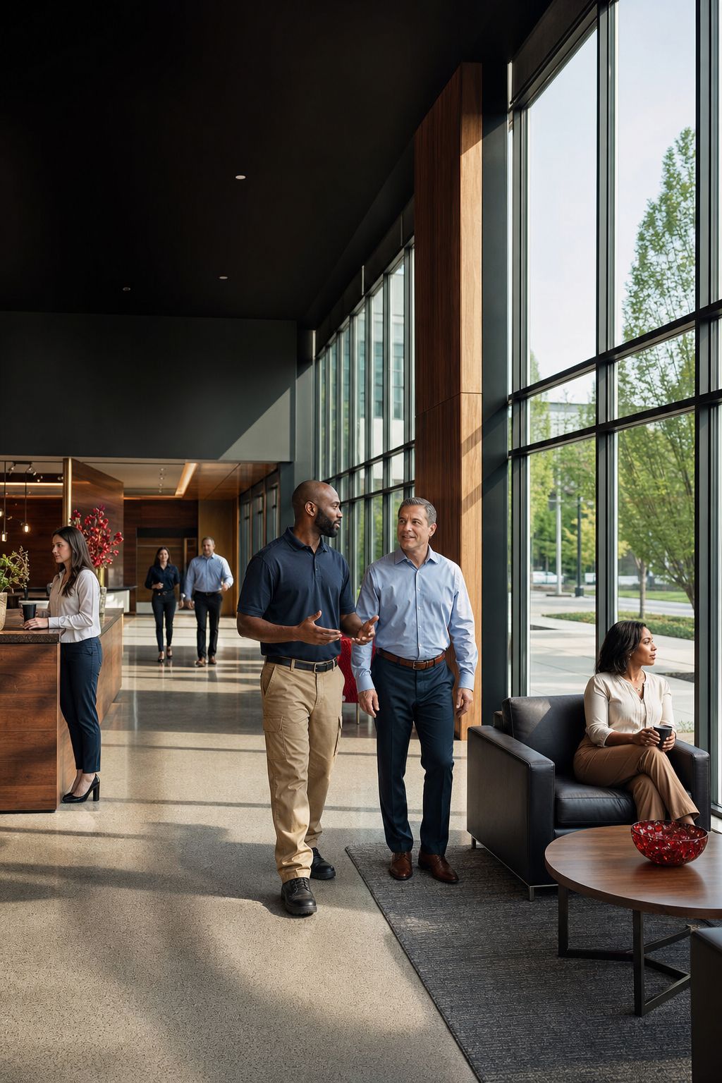 People using a bright commercial space close to broad windows.