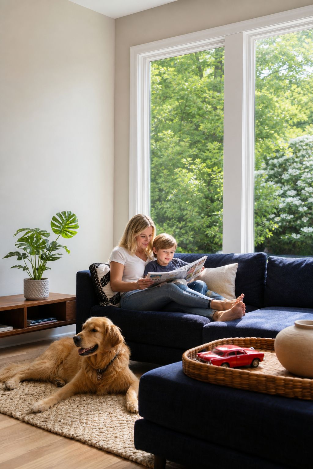 Family using a bright living room beside large windows.