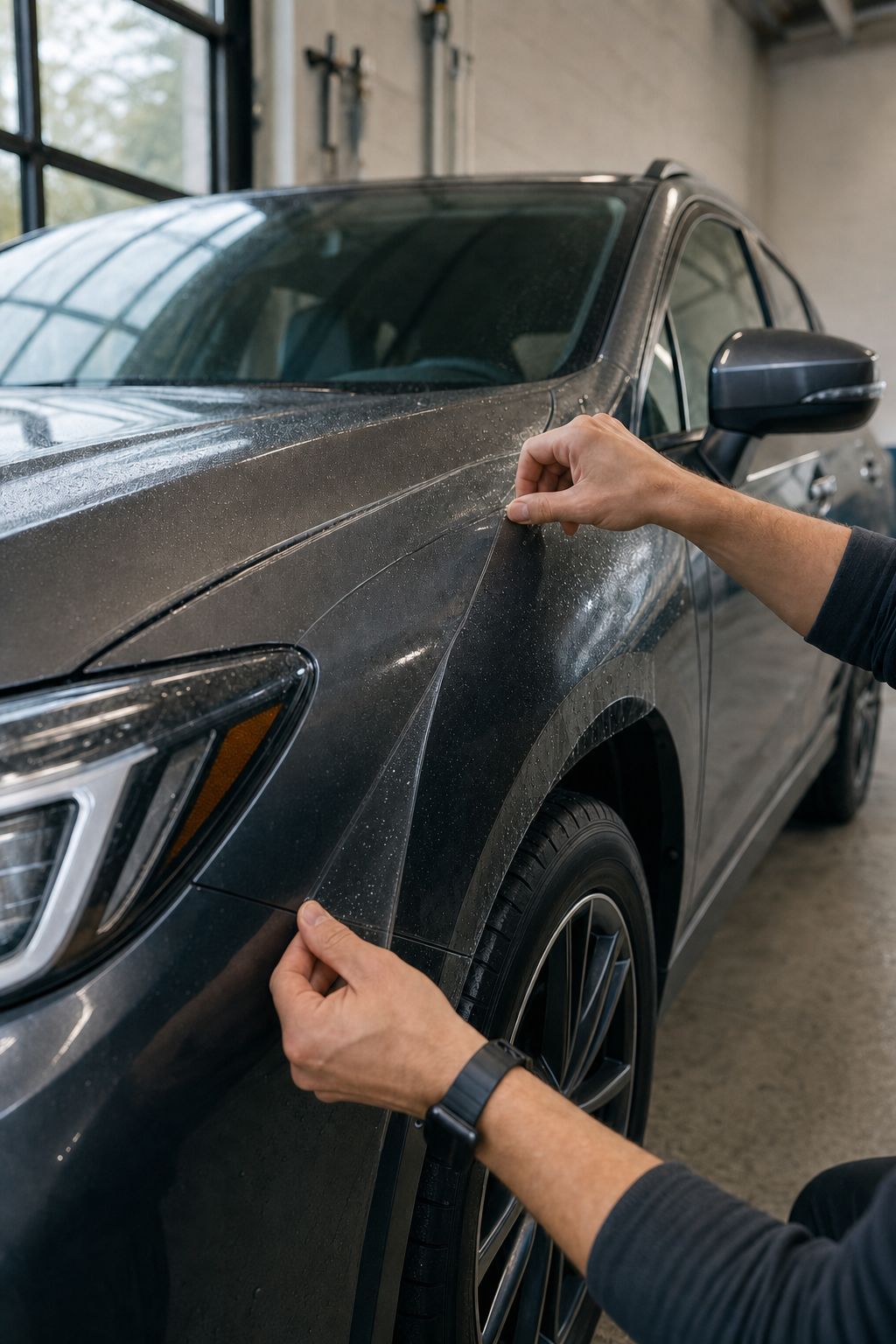 Installer applying clear paint protection film to a premium daily-driven vehicle.