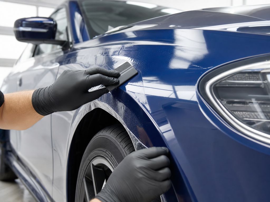 Installer fitting clear paint protection film around a premium vehicle fender.