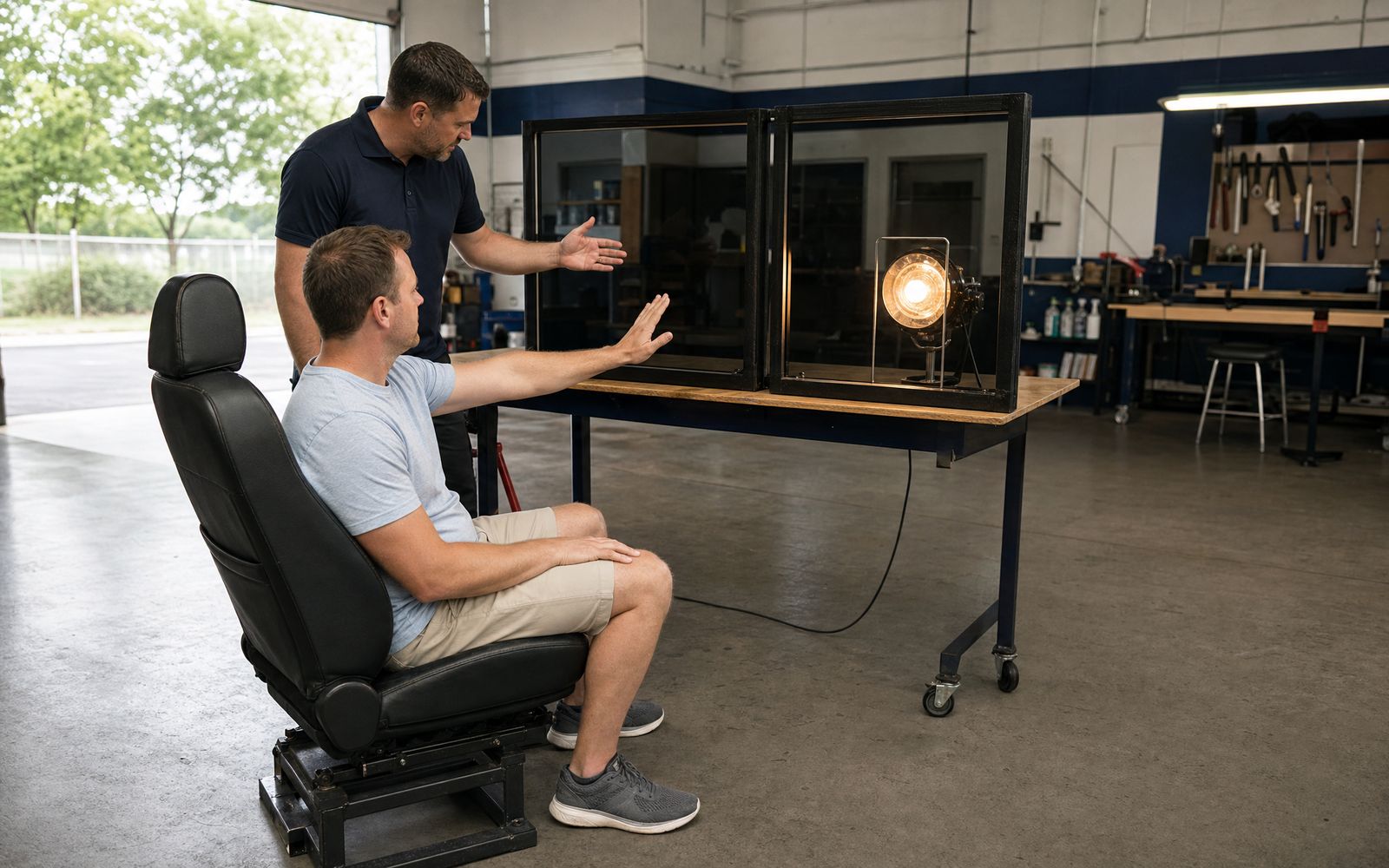 Customer comparing window films with a tint specialist at an in-shop heat demonstration.
