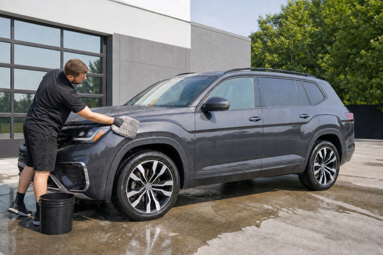 Premium two-row SUV receiving a careful hand wash outside a professional studio.