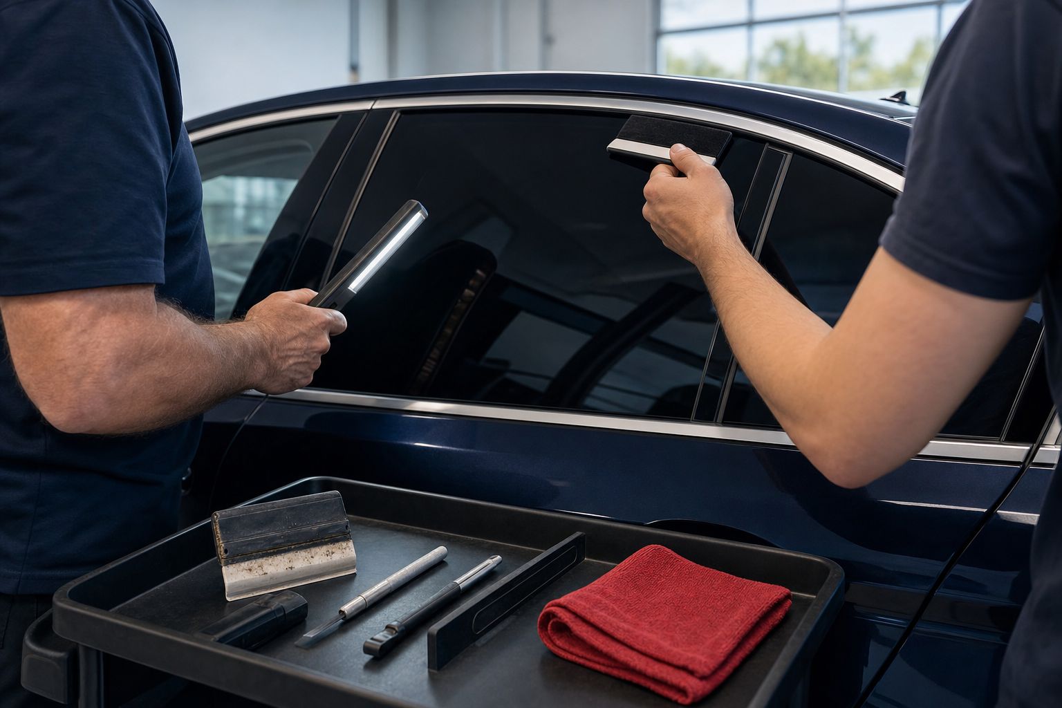 Two film installers completing precision work on automotive glass in a clean studio.