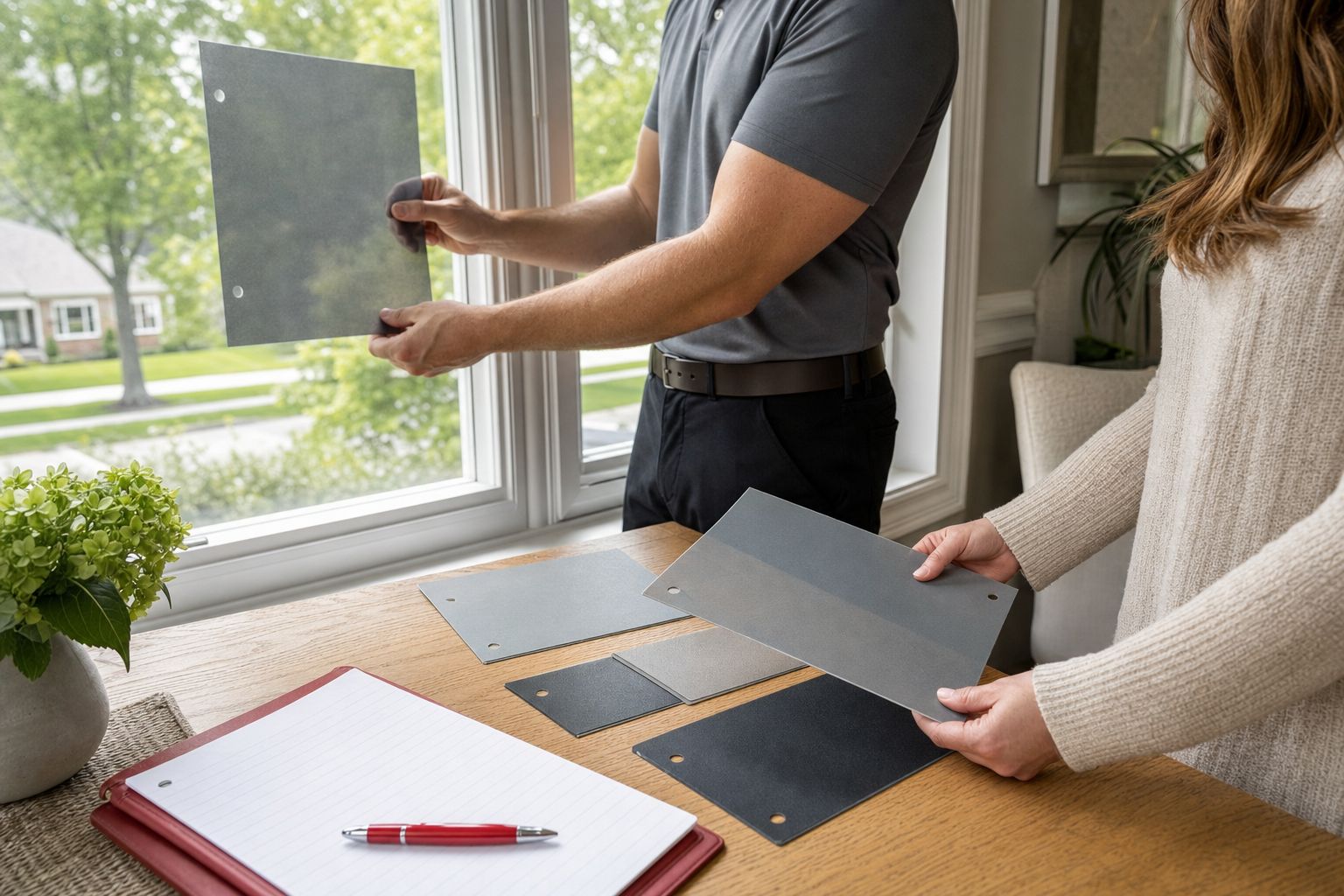 Homeowner and film specialist comparing window film samples beside a window.