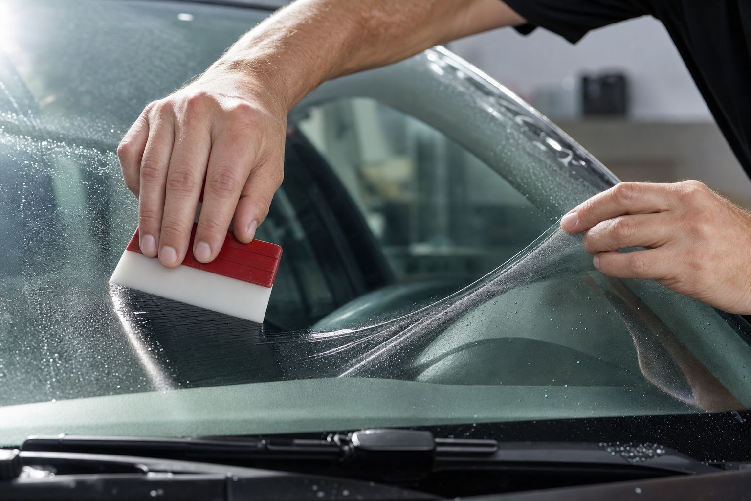 Close view of an installer squeegeeing clear protective film onto the exterior surface of a windshield.
