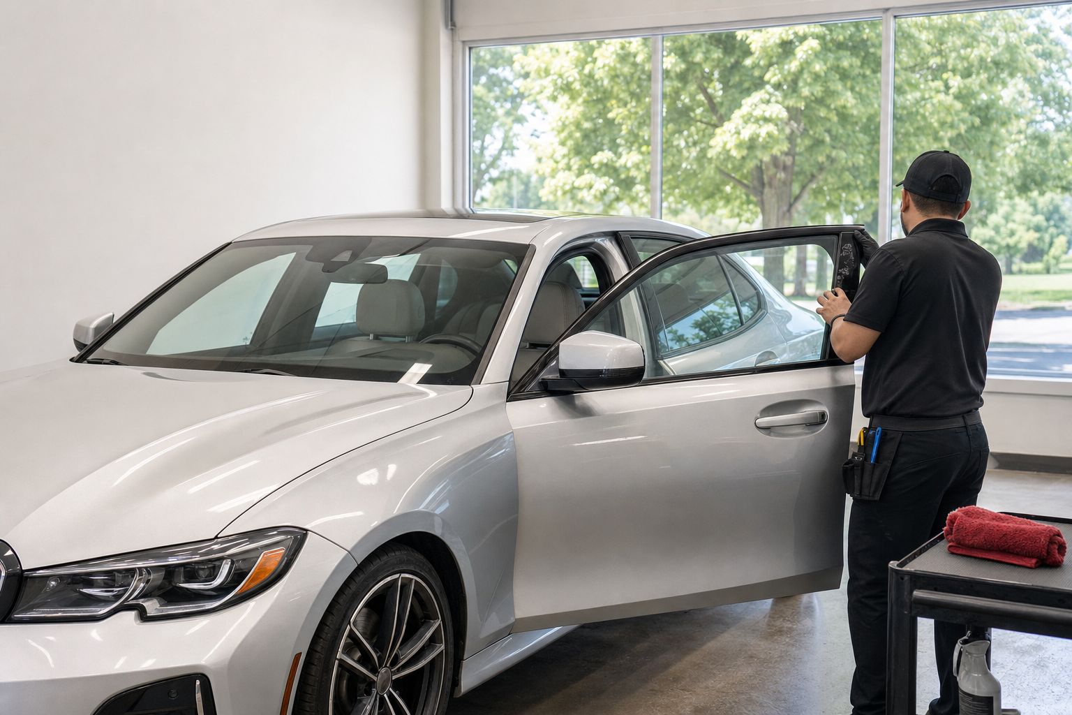 Nearly clear ceramic film being inspected on a premium silver sedan in a bright installation studio.