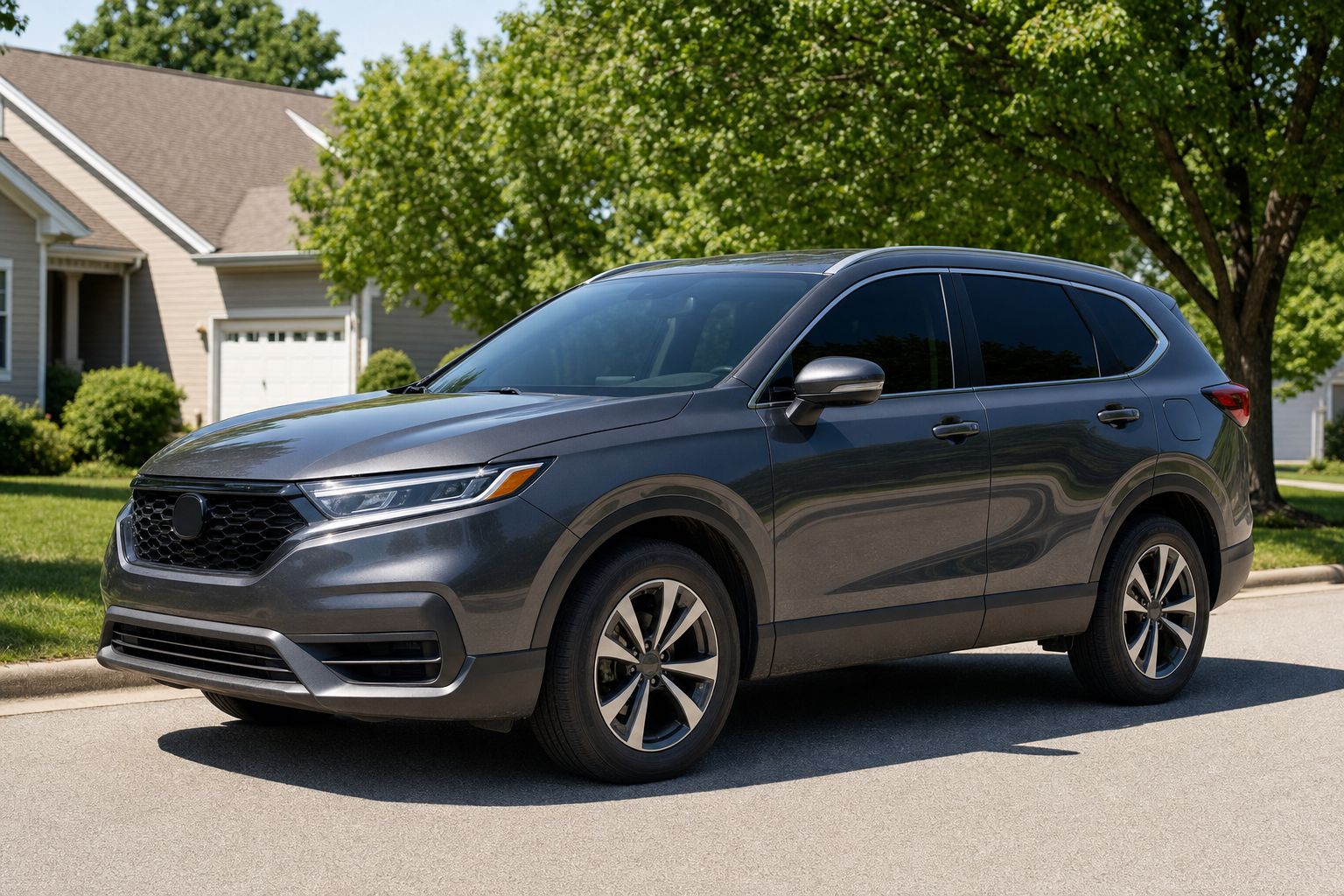 Mainstream two-row crossover with neutral black ceramic window film in summer daylight.