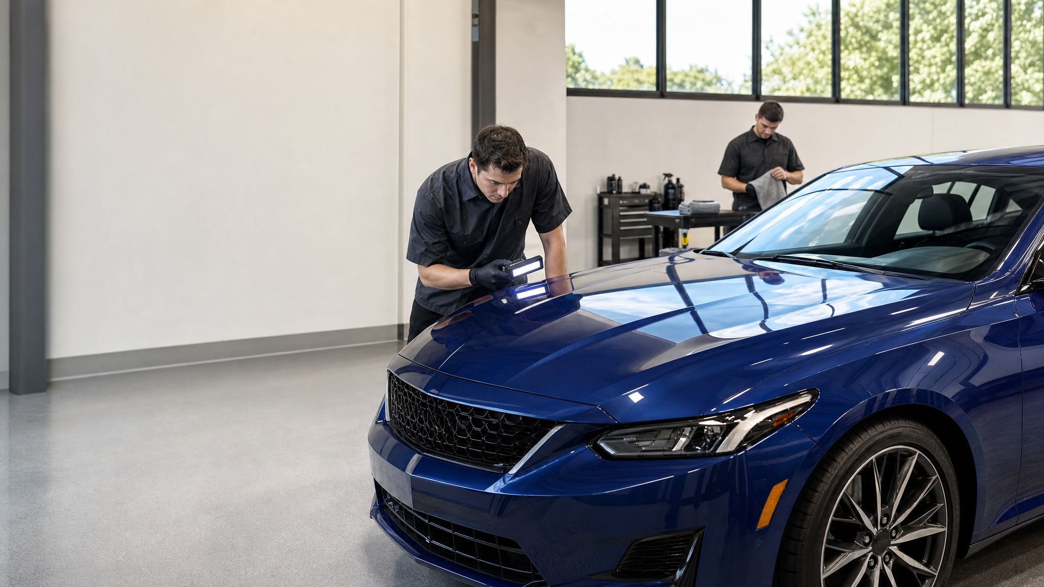 Technician inspecting the finish on a premium blue daily-driver after ceramic coating.