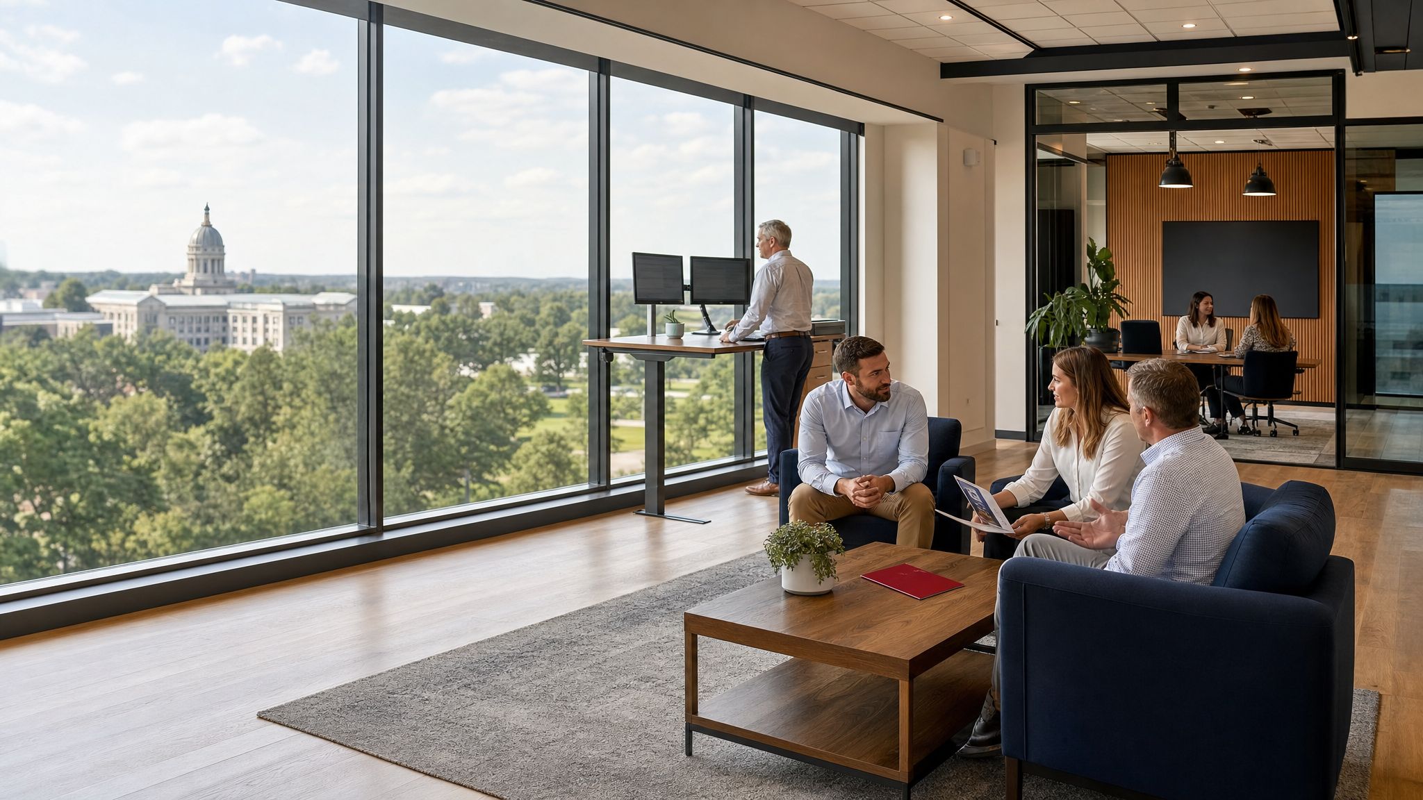 People working comfortably beside broad windows in a bright professional space.
