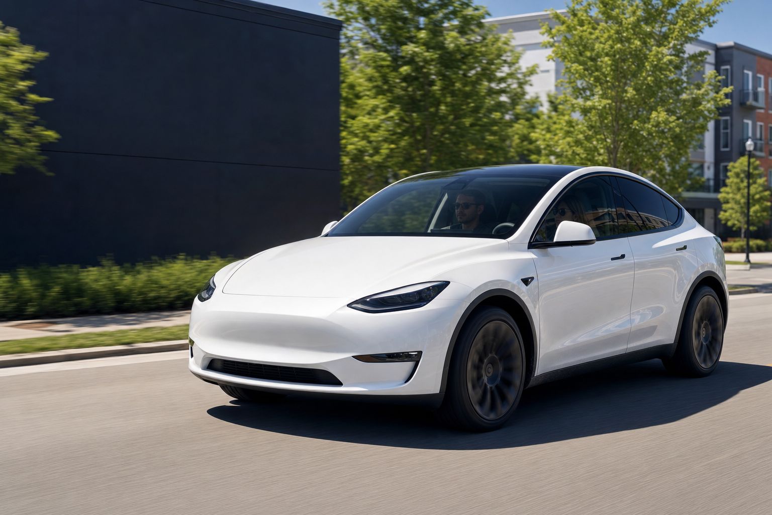 Premium electric crossover with expansive glass in bright summer daylight.