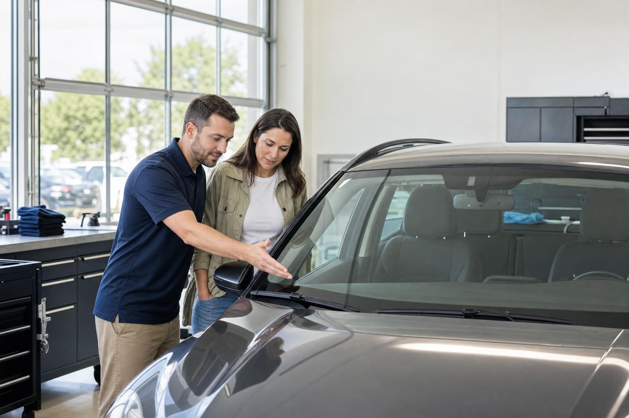 Representative customer and windshield film specialist reviewing a vehicle's windshield together outside a bright service bay.