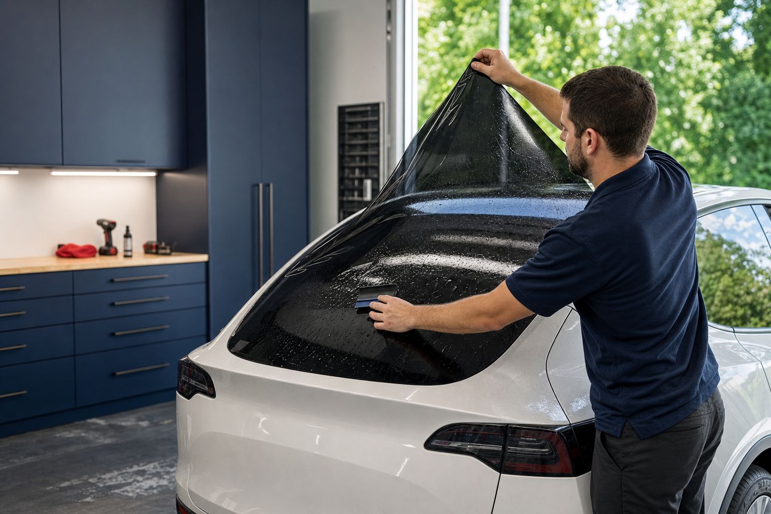 Installer fitting one continuous film sheet to the large rear glass of a premium electric vehicle.
