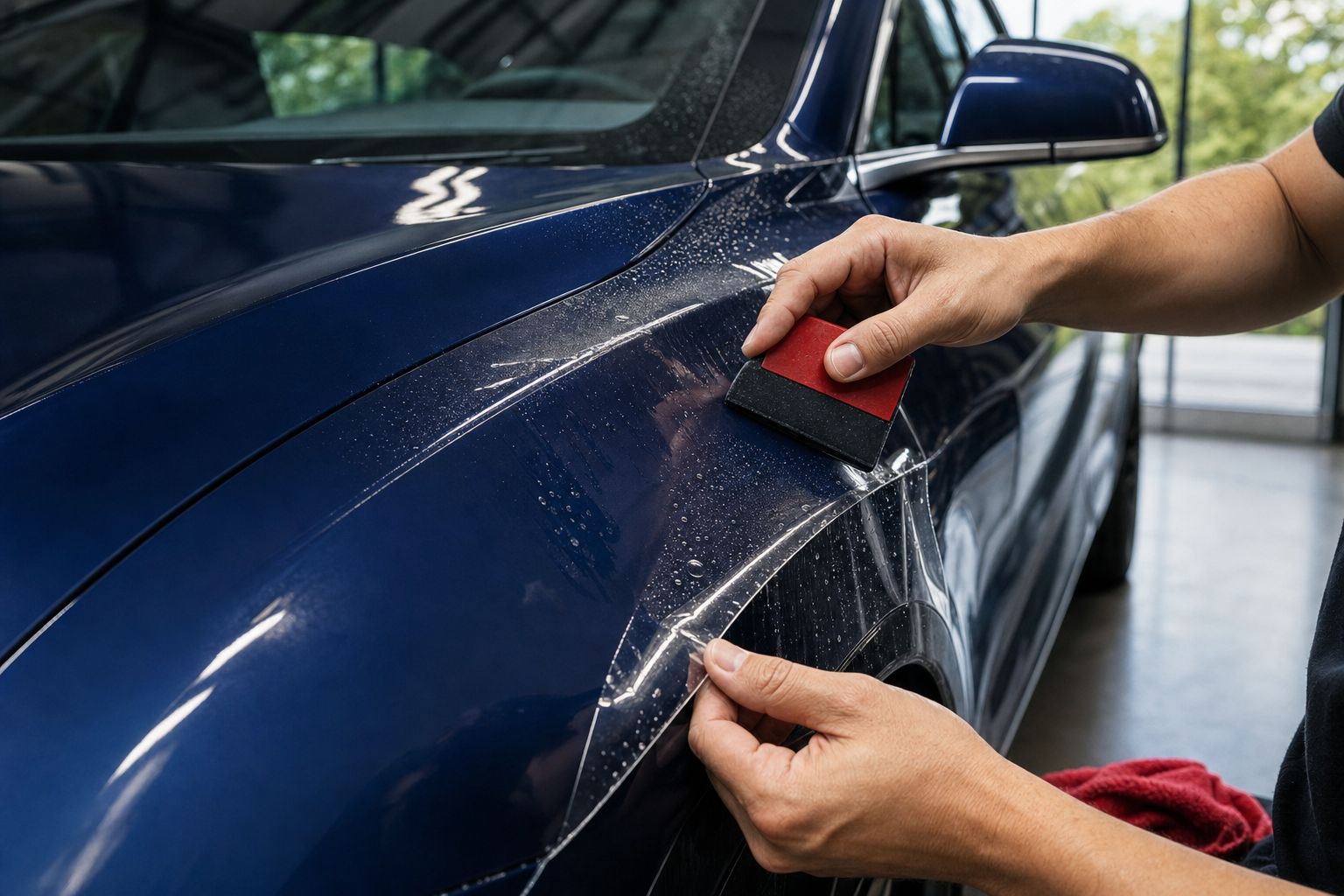 Installer applying transparent paint protection film to the front painted panel of a premium electric crossover.