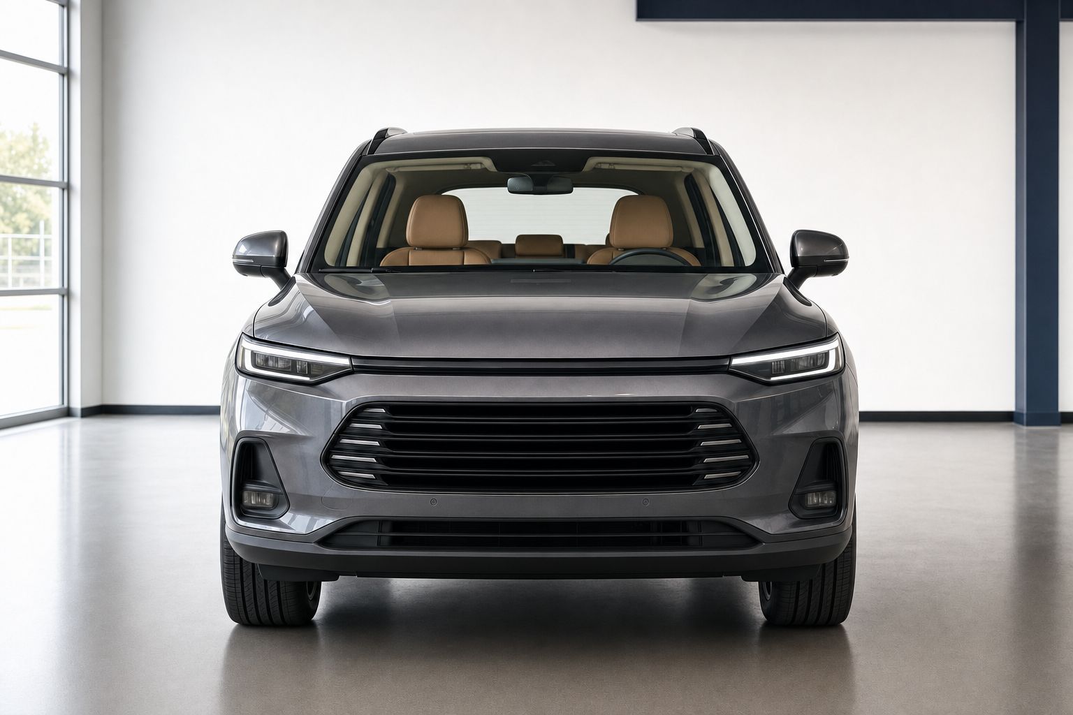Front view of a dark graphite premium SUV with clear windshield glass and a visible tan interior.