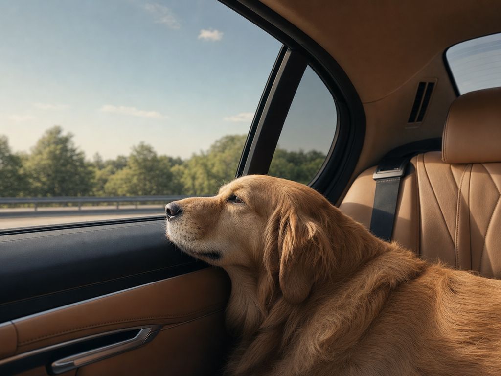 Golden retriever relaxing beside a ceramic-tinted rear window.